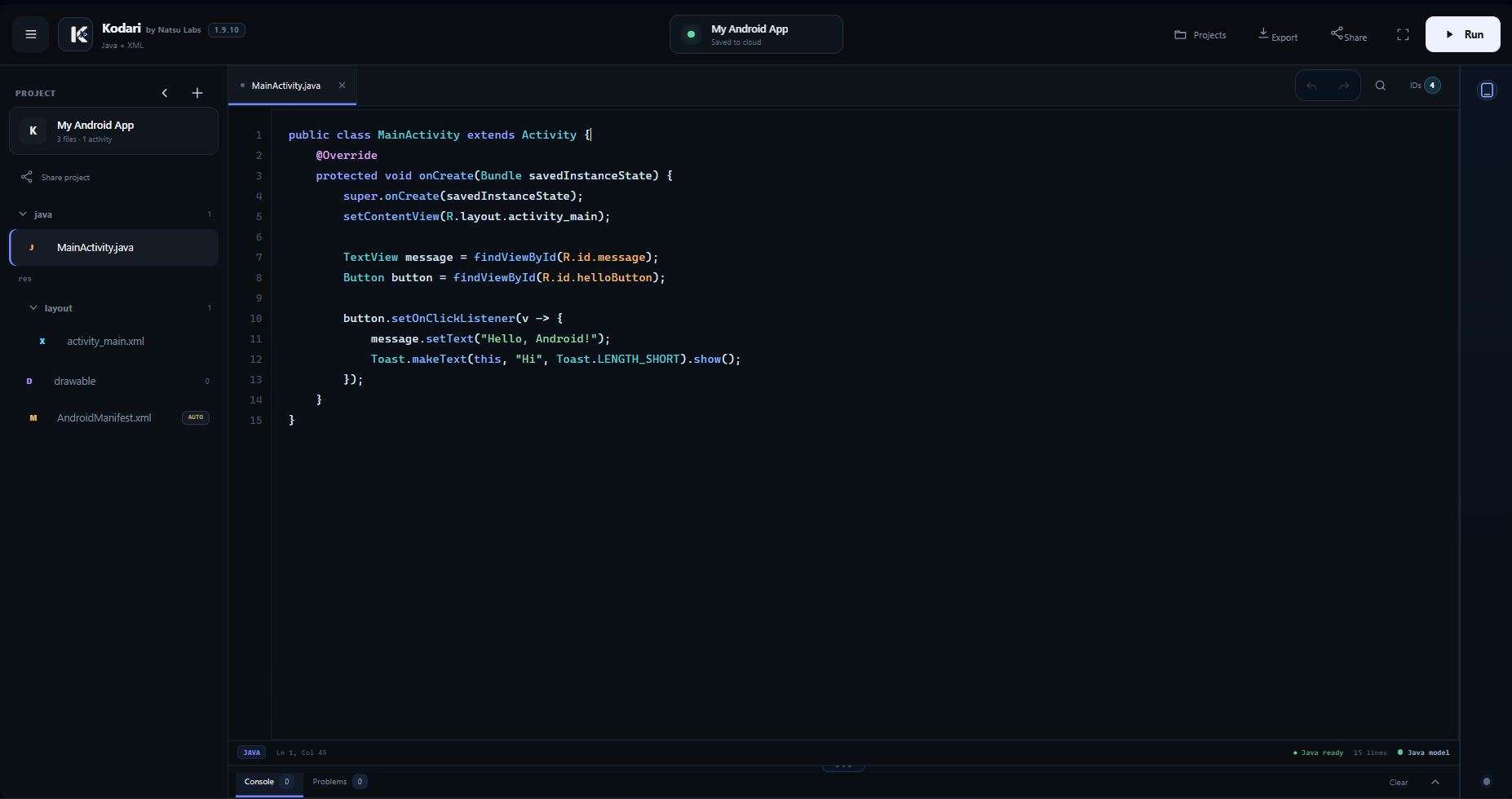 Actual Kodari Studio desktop workspace with project explorer and Java editor