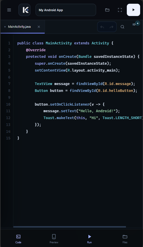 Actual Kodari Studio mobile workspace with code editor and bottom navigation